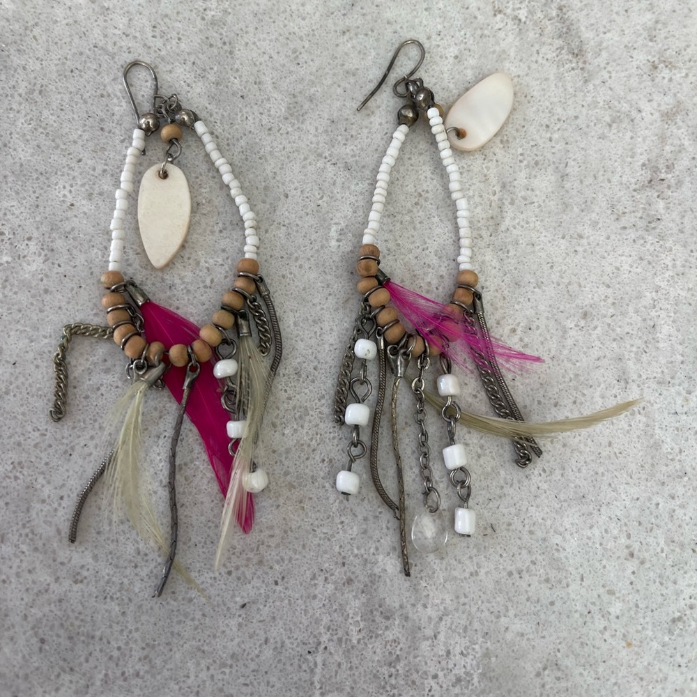 Vtg Mid-Century Modernist Mixed Dangle Earrings Silver Brass, Mother Of Pearl